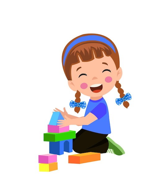 Vector vector illustration of kid playing with building blocks