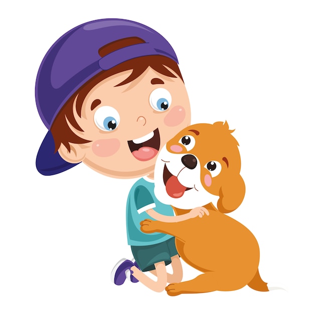 Vector Illustration Of Kid Playing With Dog