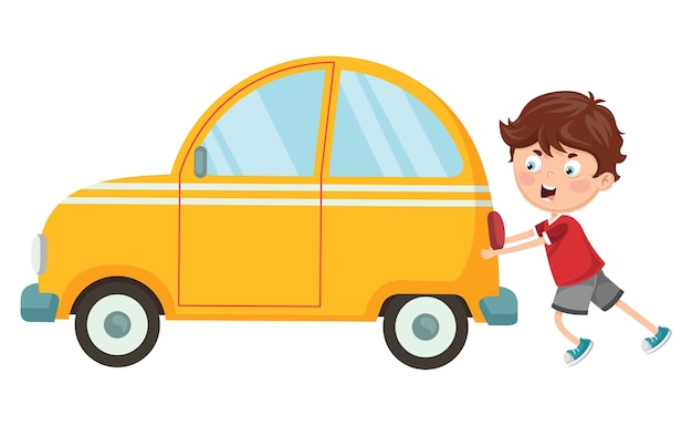 Illustrazione di vettore del bambino che spinge automobile