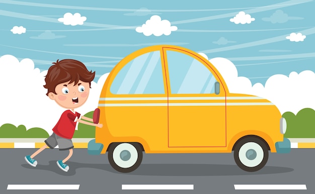 Vector Illustration Of Kid Pushing Car