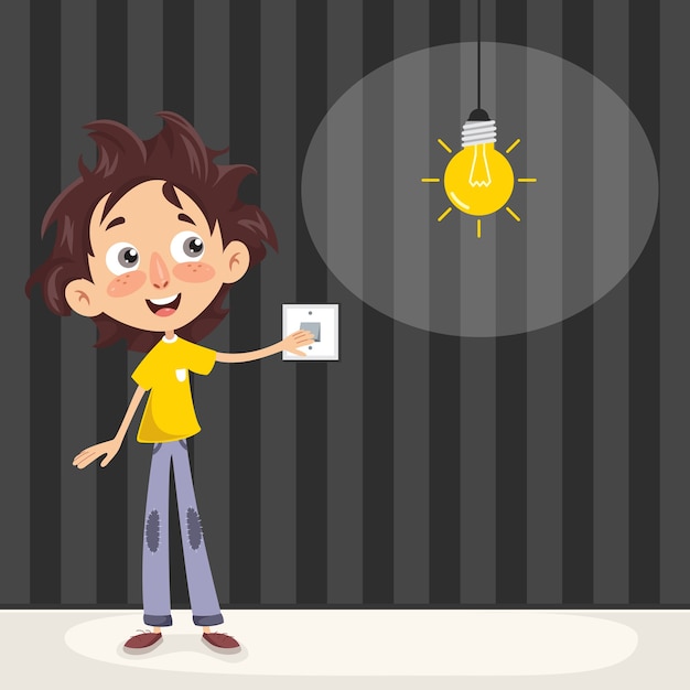 Vector illustration of a kid turning on the light