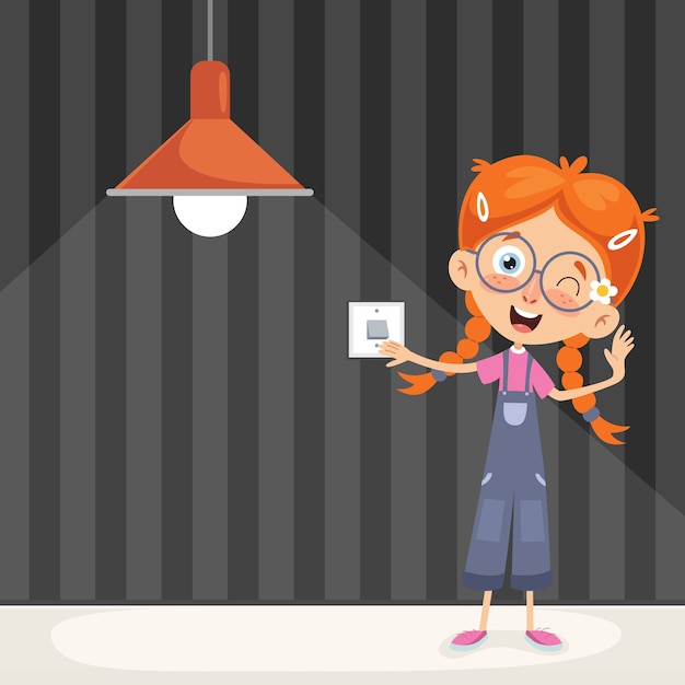 Vector Illustration Of A Kid Turning On The Light