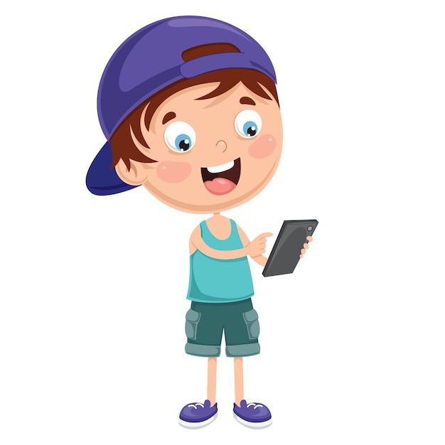 Vector illustration of kid using mobile device