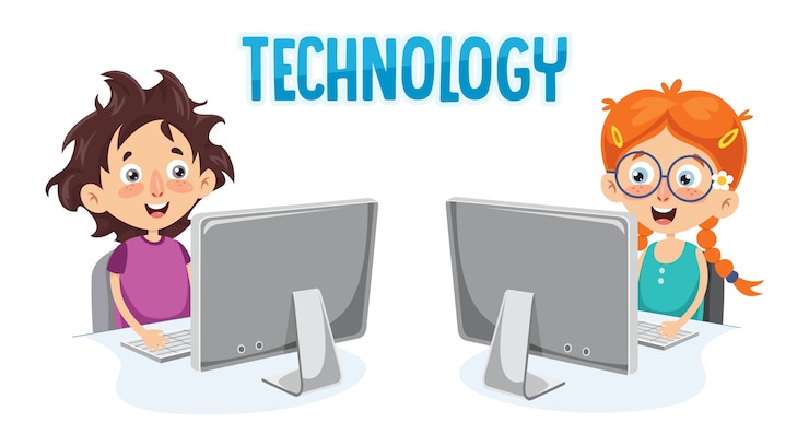 Vector vector illustration of kid with computer
