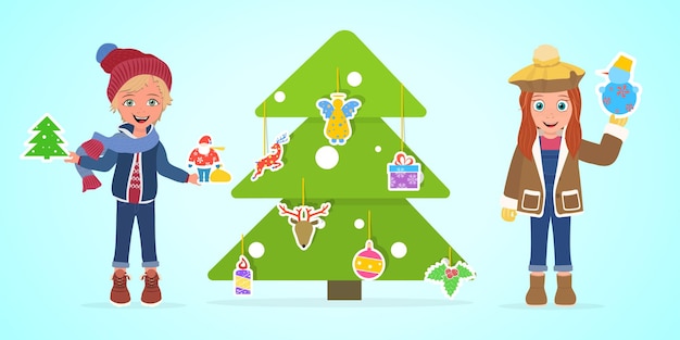 Vector illustration of kids in festive costumes merry christmas and happy new year banner