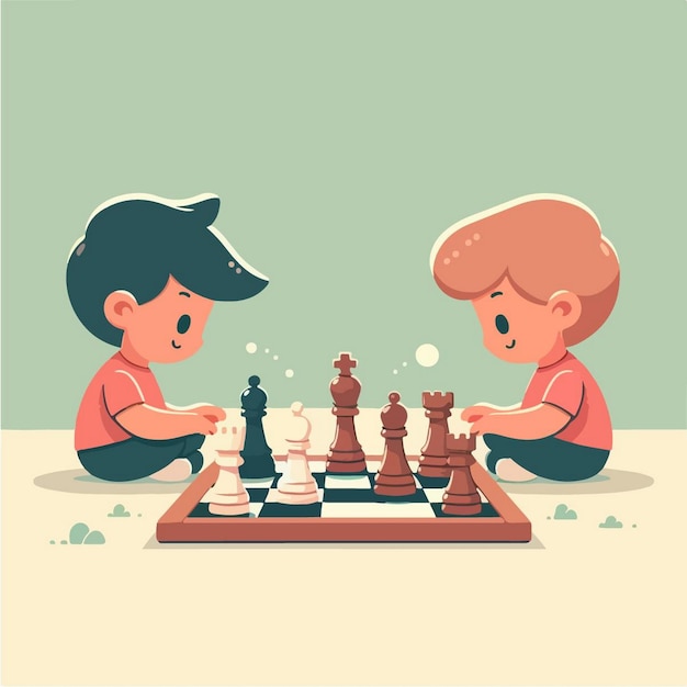 Vector vector illustration of kids playing chess in flat design style