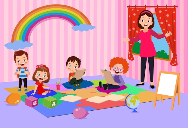 Vector Illustration Of Kids Playing in the clasroom