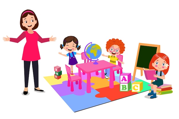 Vector Illustration Of Kids Playing in the clasroom