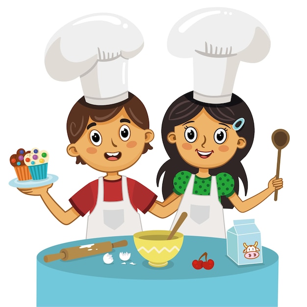 Vettore illustrazione vettoriale di bambini che preparano torte muffin