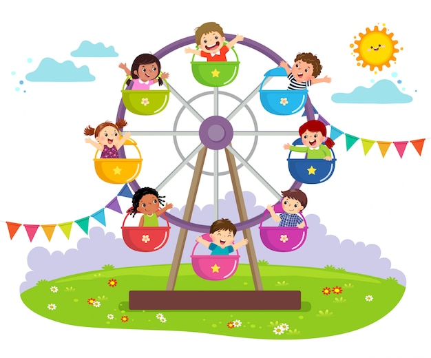 Vector illustration of kids riding on wheel ferris in an amusement park.