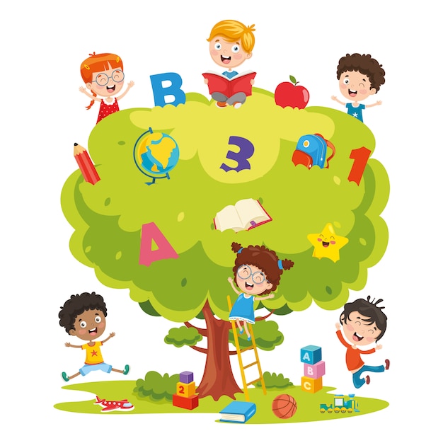 Vettore illustrazione vettoriale di bambini che studiano sull'albero