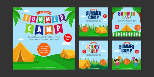 vector illustration of kids summer camp social media story feed set mockup template