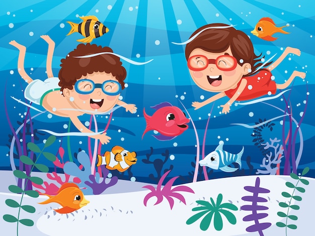 Vector illustration of kids swimming underwater