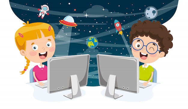 Vector illustration of kids using computer