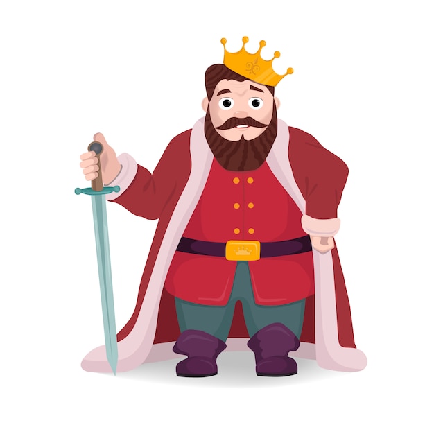 Vector illustration of king character, knight posing with sword and crown