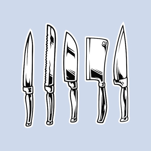 Векторная иллюстрация набора ножей для мясной лавки и кухонной темы