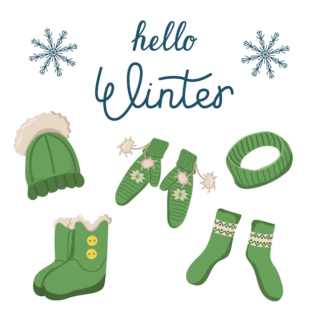vector illustration of a knitted hat mittens with socks and a scarf with boots