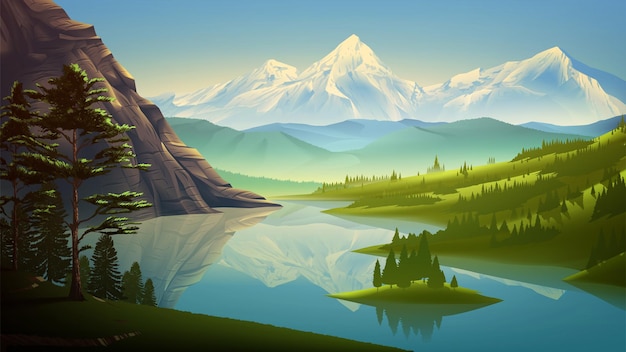 Vector illustration of a lake view with beautiful snow mountains