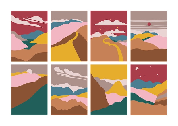 Vector illustration landscape mountain river view Hills clouds sun moon Paper cut style Nature vertical backgrounds