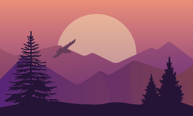 Vector illustration of landscape in north areas evening dusk with pine forest