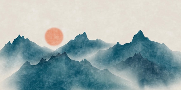 Vector illustration of a landscape painting in Chinese ink on antique paper with a beautiful design.