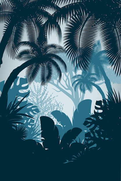 Illustrazione vettoriale paesaggio silhouette tropici giungla di palme