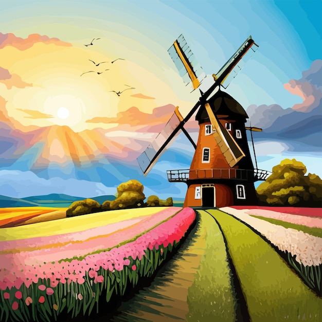 Vector vector illustration landscape with dutch tulips and windmills for design posters and greetings