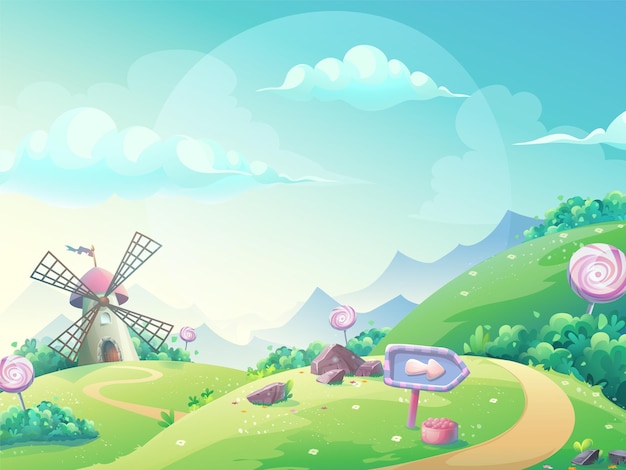 Vector illustration of a landscape with marmalade candy mill