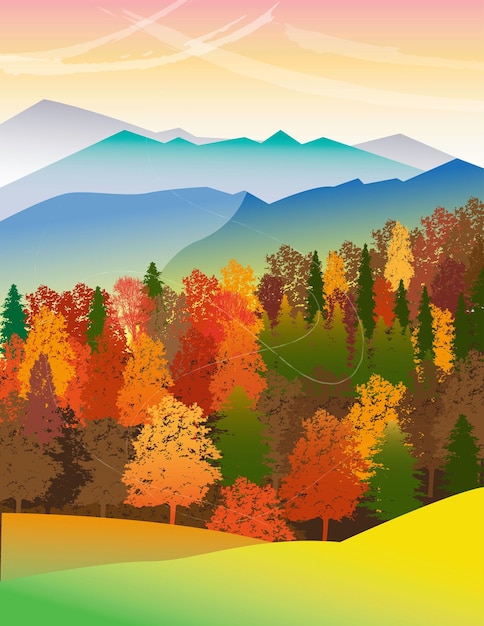 Illustrazione vettoriale paesaggio con poster di montagne e foreste