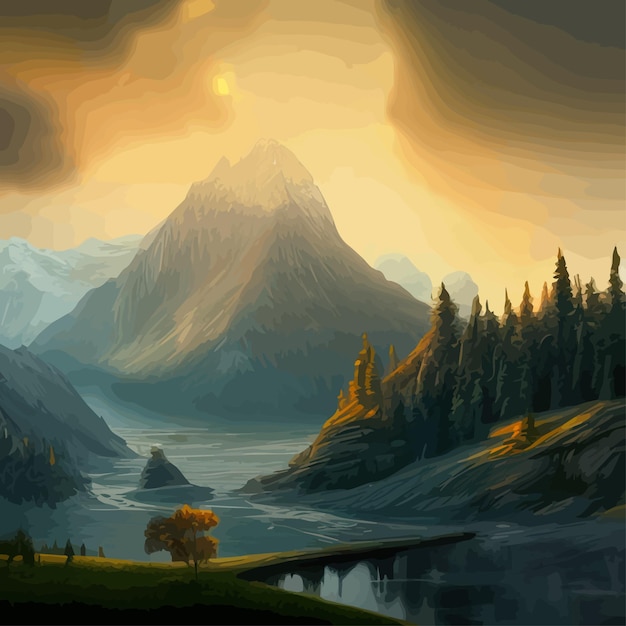 Vector vector illustration landscape with mountains forest and river beautiful mountains view in cartoon