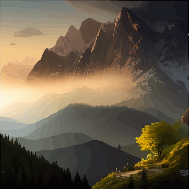 Paesaggio di illustrazione vettoriale con montagne, foreste e fiume, bellissime montagne vista in cartone animato