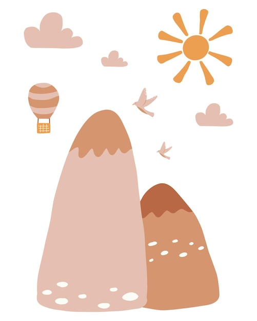 Illustrazione vettoriale di un paesaggio con montagne. poster con montagne e un palloncino per la scuola materna. stile bohémien. illustrazione vettoriale