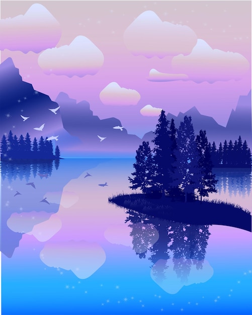 векторная иллюстрация пейзаж с рекой и лесным плакатом