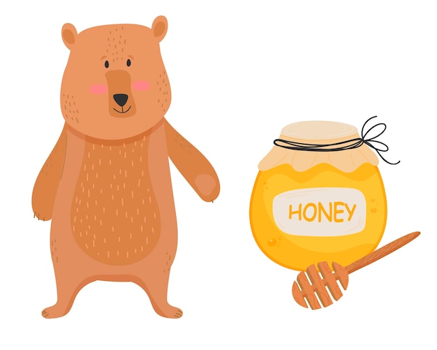 Vector vector illustration a large wild bear with honey honey jar with honey dripping