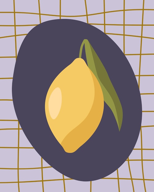 Vector illustration Lemon on a plate and a checkered tablecloth Kitchen poster