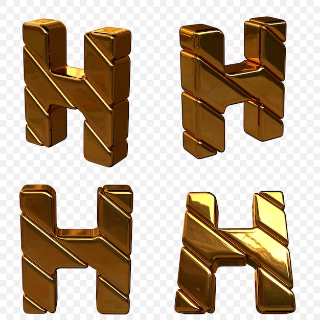 Vector illustration of letters made of gold from different angles. 3d letter H