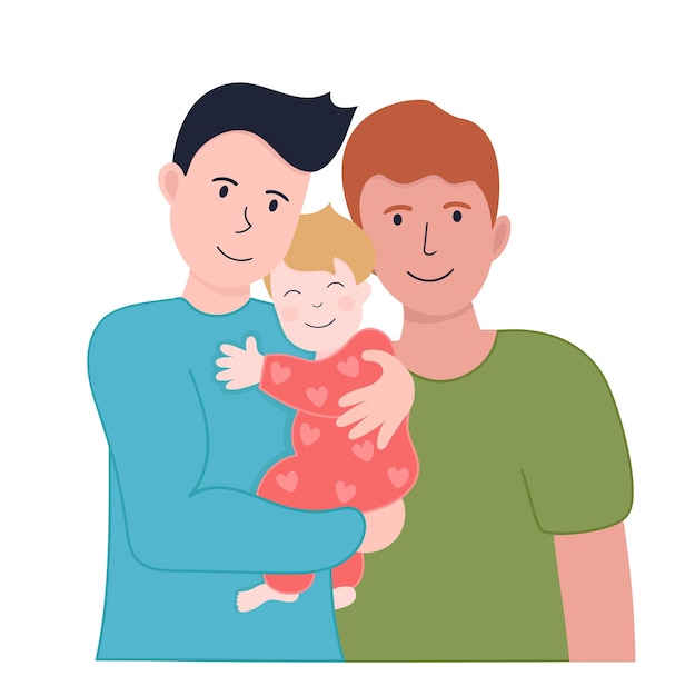 Векторная иллюстрация семья лгбт. двое мужчин и афроамериканцев с ребенком на руках
