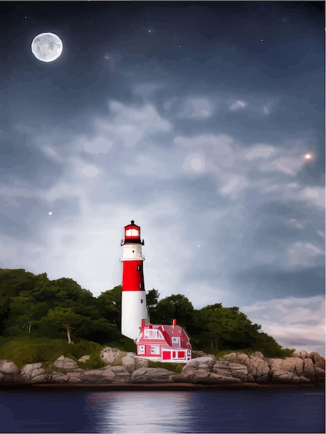 Векторная иллюстрация маяка в ночном море Маяк у моря с горами, луной и звездной ночью