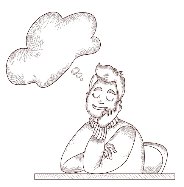 Линия векторной иллюстрации и штрихи человек, сидящий за столом, отдыхает с закрытыми глазами и мечтает о облаке над ним для текста