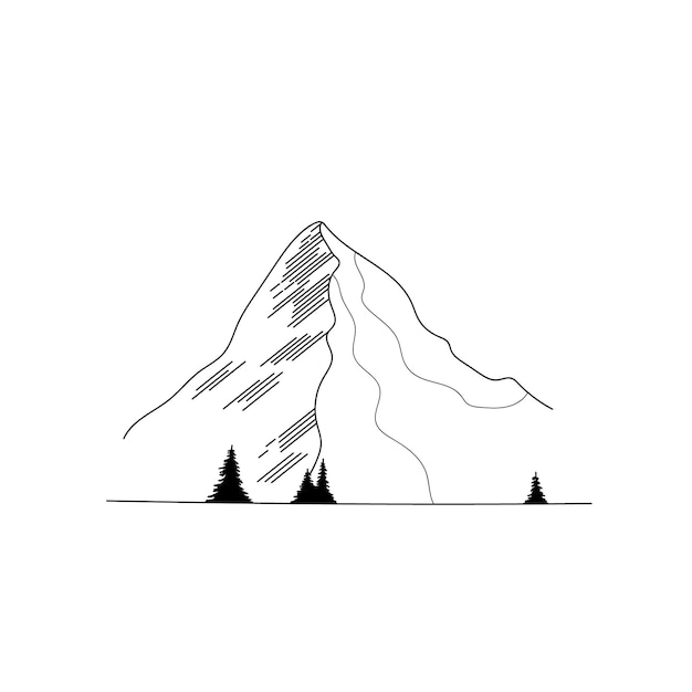 森の木々 や山々 とミニマリストのスケッチ スタイルの白い背景の風景のベクトル図線形風景
