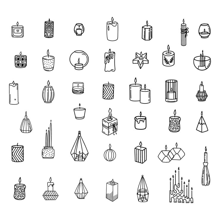 Vector illustration of linear style logos with set of various candlesticks against white background