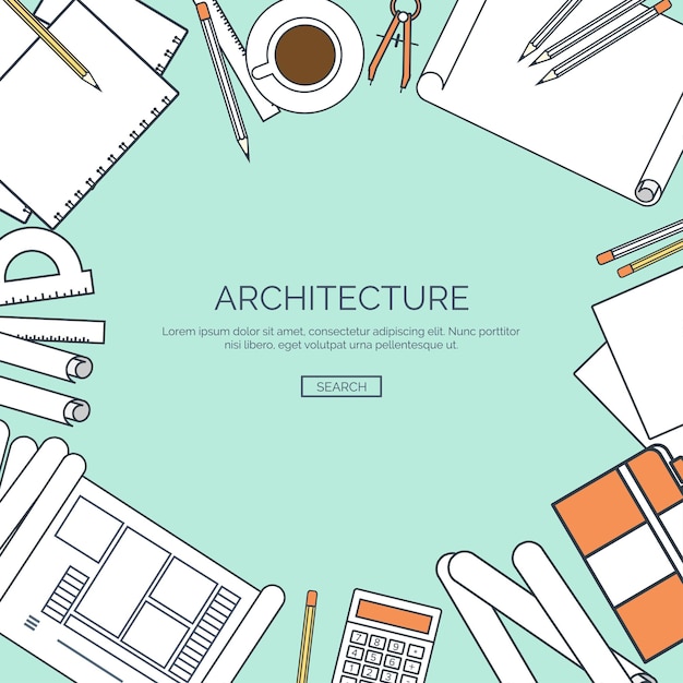 Vettore illustrazione vettoriale di progetto architettonico piatto a linea lavoro di squadra costruzione pianificazione costruzione