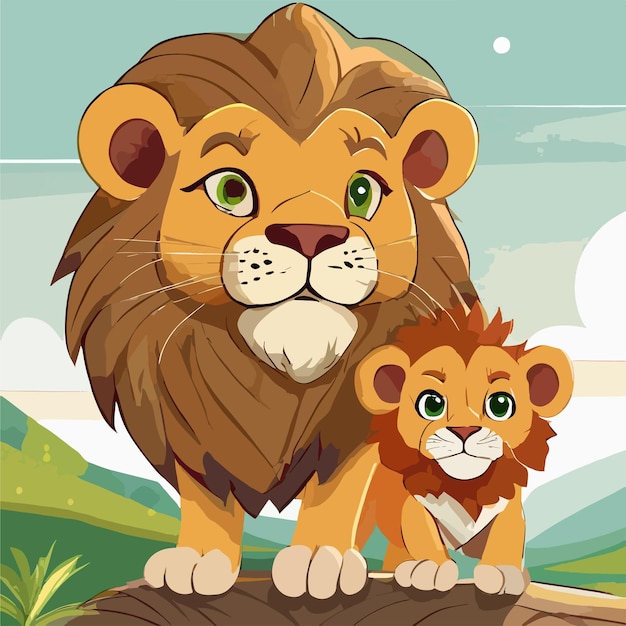 Vettore illustrazione vettoriale di un leone con il suo cucciolo