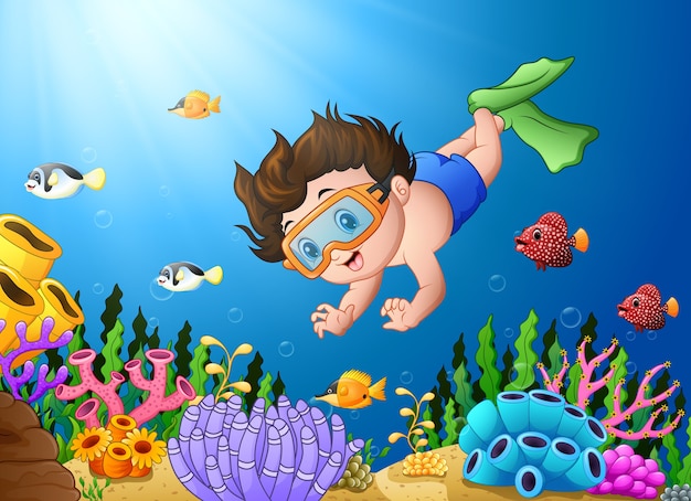 Vector illustration of Little boy diving in the sea