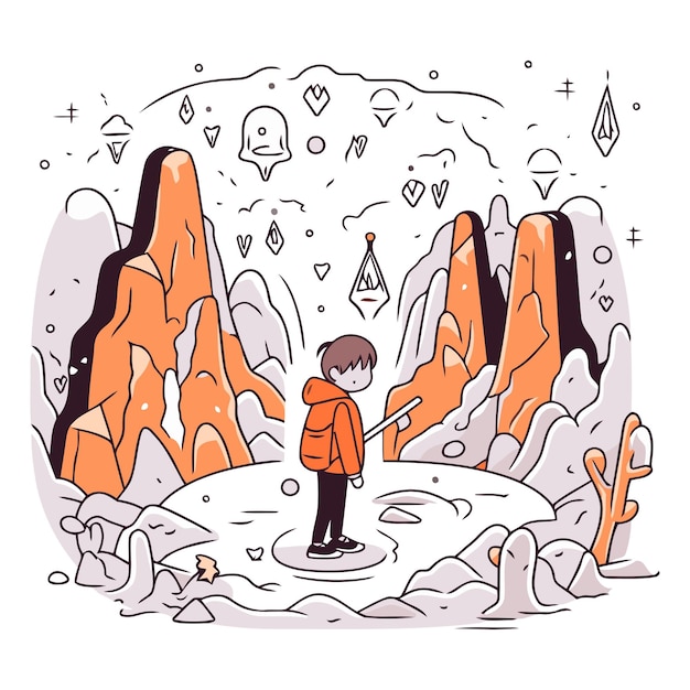 Vector vector illustration of a little boy hiking in the mountains cartoon style