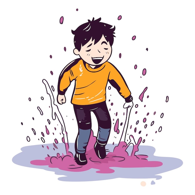 Vector vector illustration of a little boy playing in a mud puddle