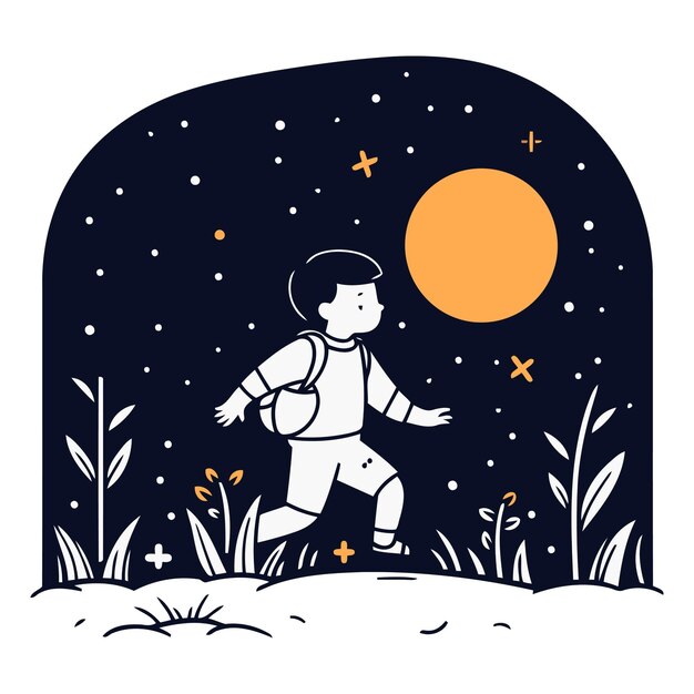 Vettore illustrazione vettoriale di un ragazzino che corre nella foresta notturna con la luna piena