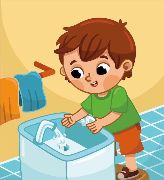 Vector illustration of a little boy washing his hands in the bathroom