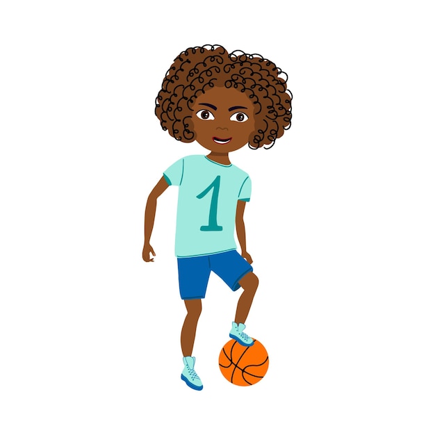 Illustrazione vettoriale del ragazzino con la palla giocatore di basket in stile cartone animato