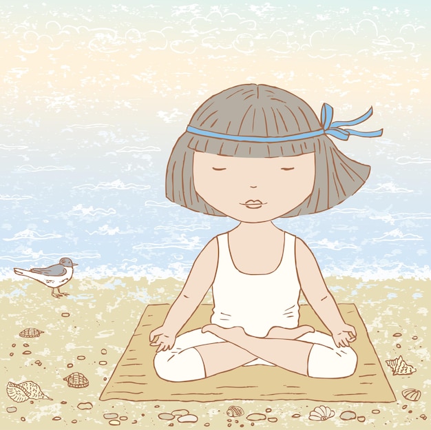 Vector illustration of little girl in meditation on sea shore